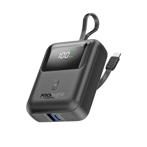 Promate PowerPod-10 (Black/Blue/White) Ultra Compact 35W SuperSpeed Power Bank with Built-In USB-C Cable