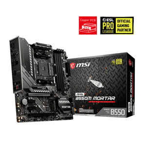 MSI MAG B550M Mortar M-ATX Steel Armor PCI-E slots Supports 2 Way AMD Crossfire Supports DDR4 Memory up to 4400+(OC) MHz